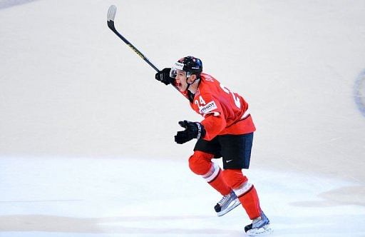 Switzerland's forward Reto Suri celebrates after scoring in Stockholm on May 18, 2013